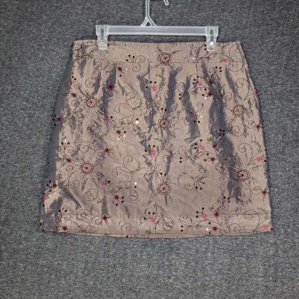 Vintage Handmade Mini Skirt 34" Waist Women's 12-14 Shiny Brown Taffeta Floral